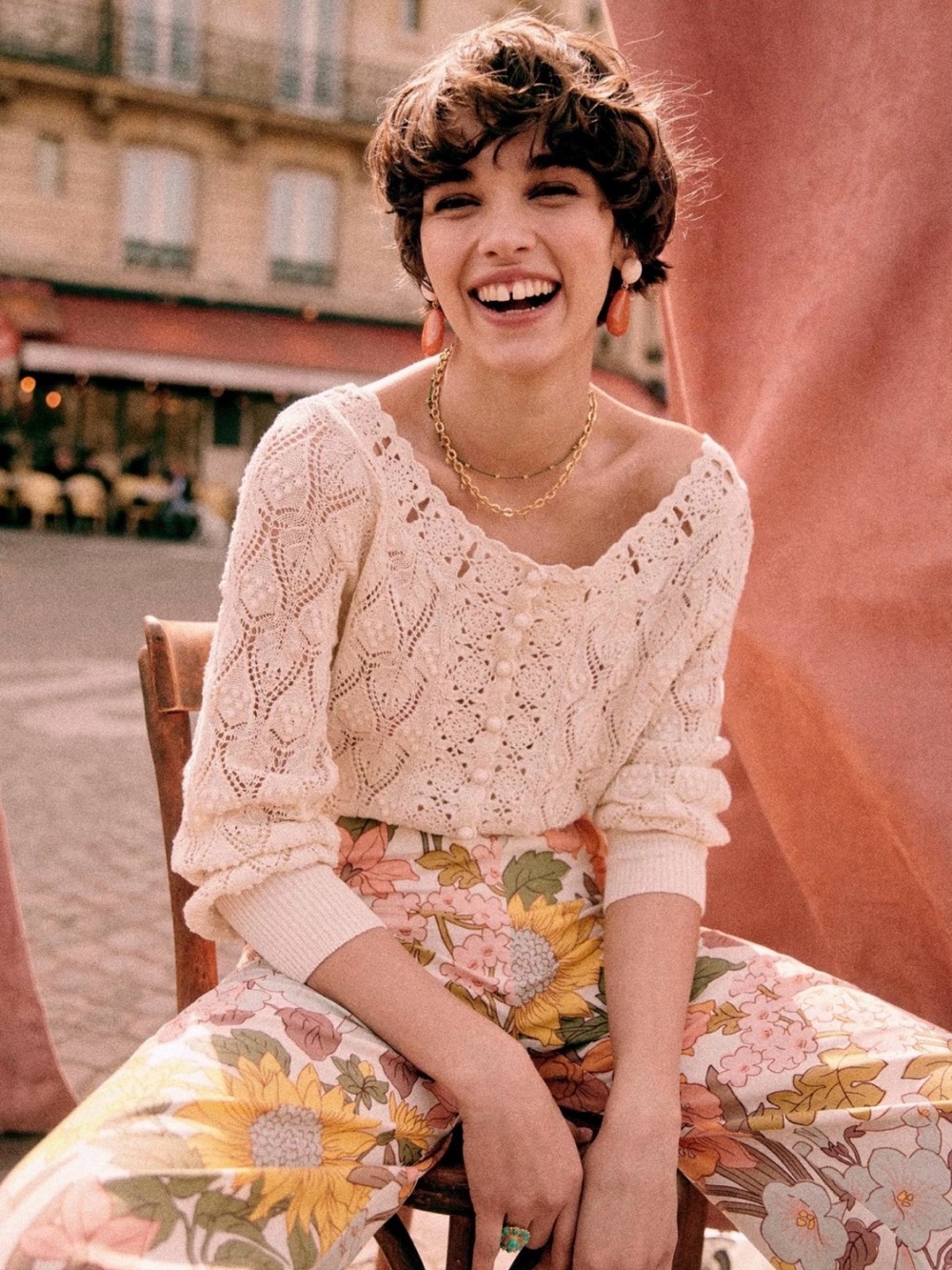 Sezane Cream Crochet Off-Shoulder Buttoned Sweater Top